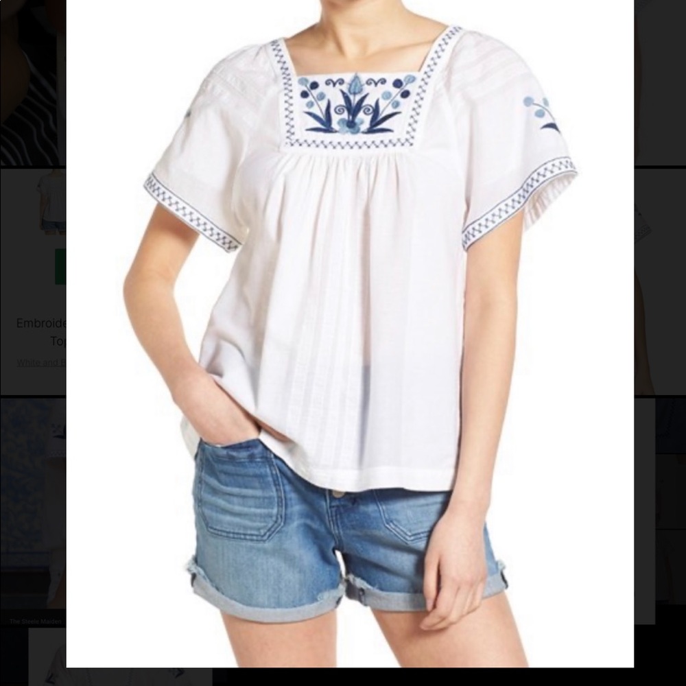 Madewell Blue thread Embroidered White Peasant Top